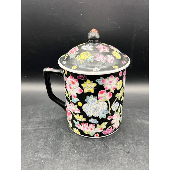 Chinese Mille Fleur Black Floral Mug Lid Asian Inspired Ceramic Tea Coffee Cup - Picture 4 of 9